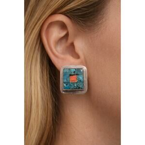 Vintage Navajo RA Signed Inlay Turquoise & Spiny Oyster 925 Sterling Earrings